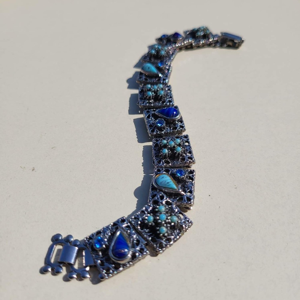 Vintage Silver Tone Metal Panel Bracelet Blue Turquoise Filigree